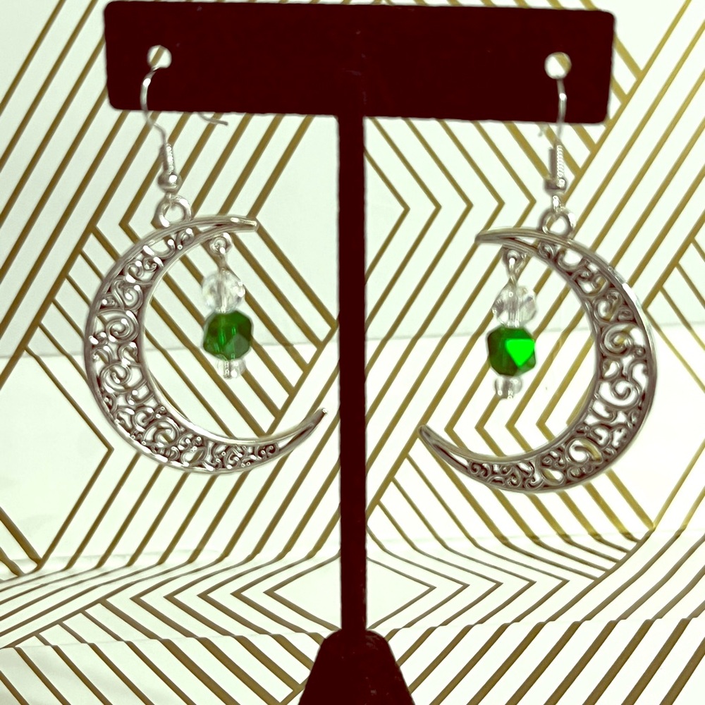Half Moon Celtic Knot Green Bead Dangle Earrings